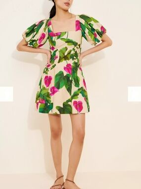 FARM Rio Cream Mini Dress with Green Leaves and Pink Florals